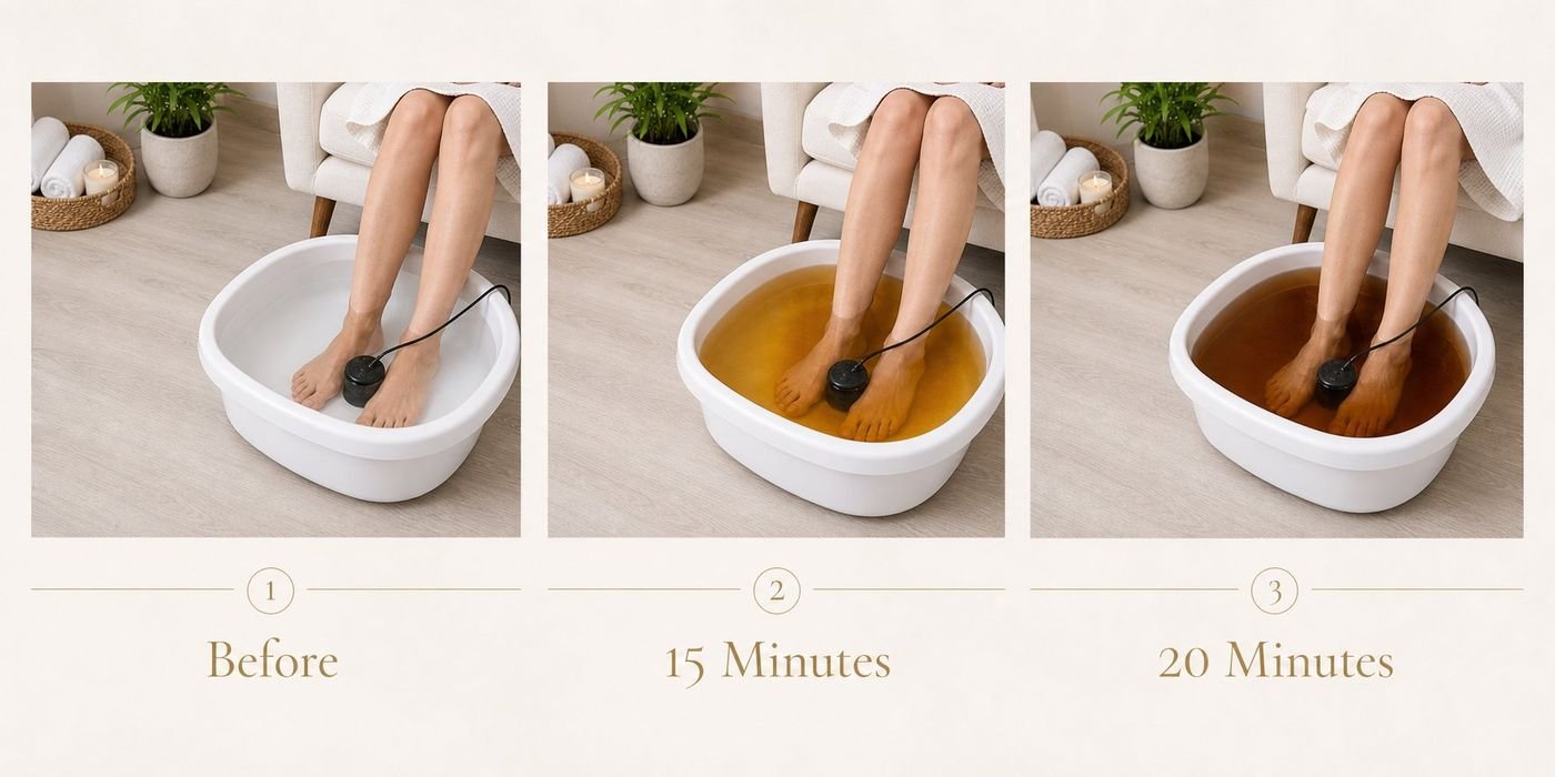 Ionic Foot Detox process showing water color change — Before, 15 Minutes, 20 Minutes — at New Jersey Colonic New Jersey