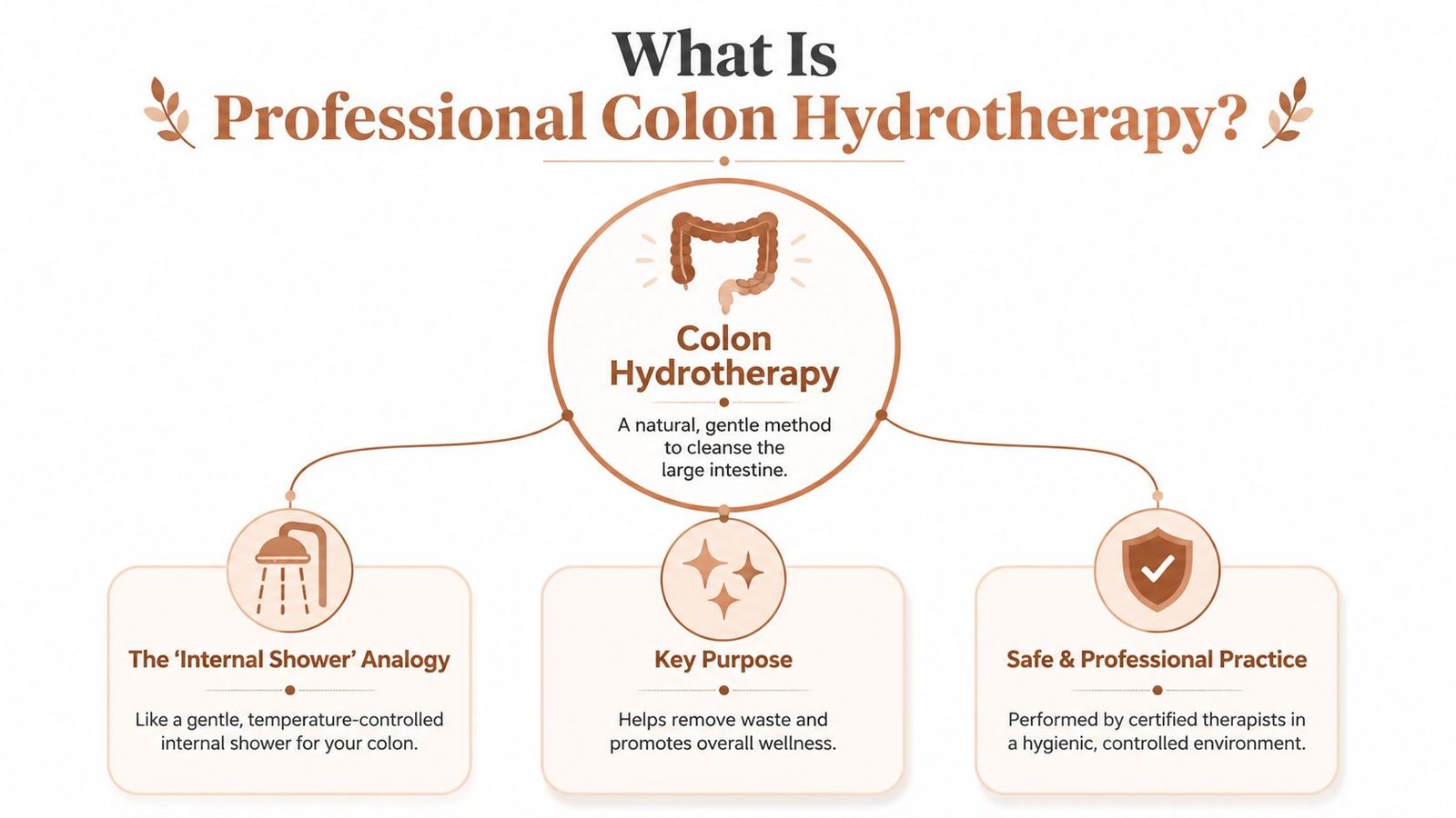 An infographic explaining professional colon hydrotherapy as a natural, gentle, and safe method for cleansing the colon.