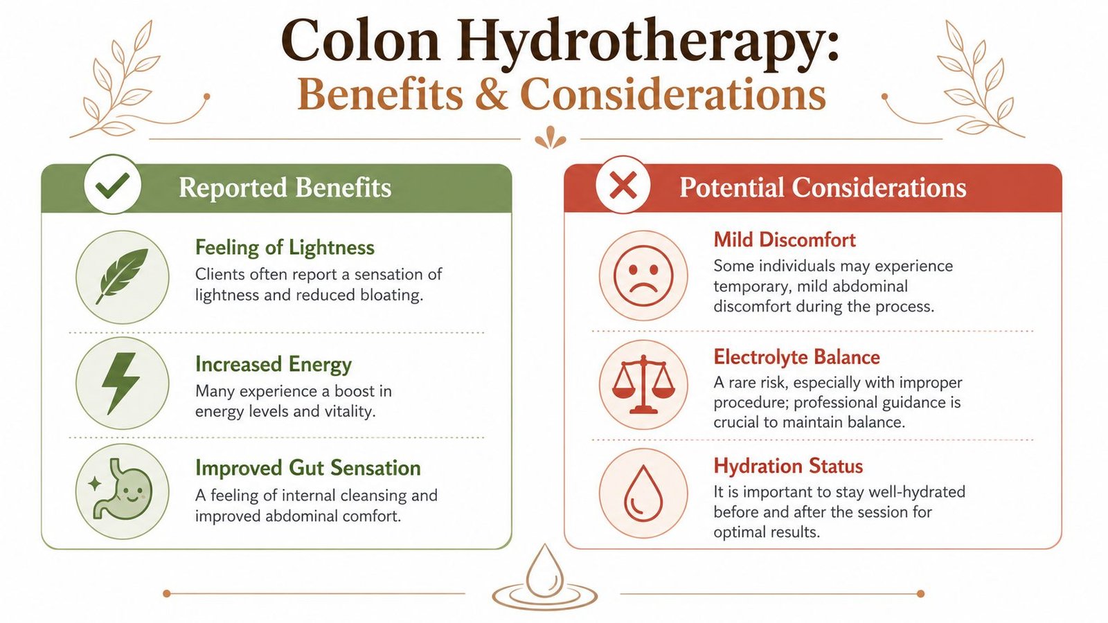 An infographic titled Colon Hydrotherapy Benefits and Considerations comparing positive reported benefits against potential health considerations.