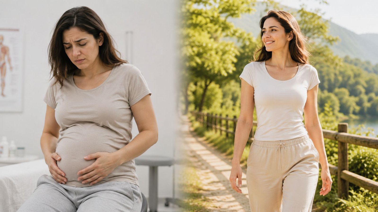 A split image showing a woman struggling with abdominal pain versus walking comfortably in nature.