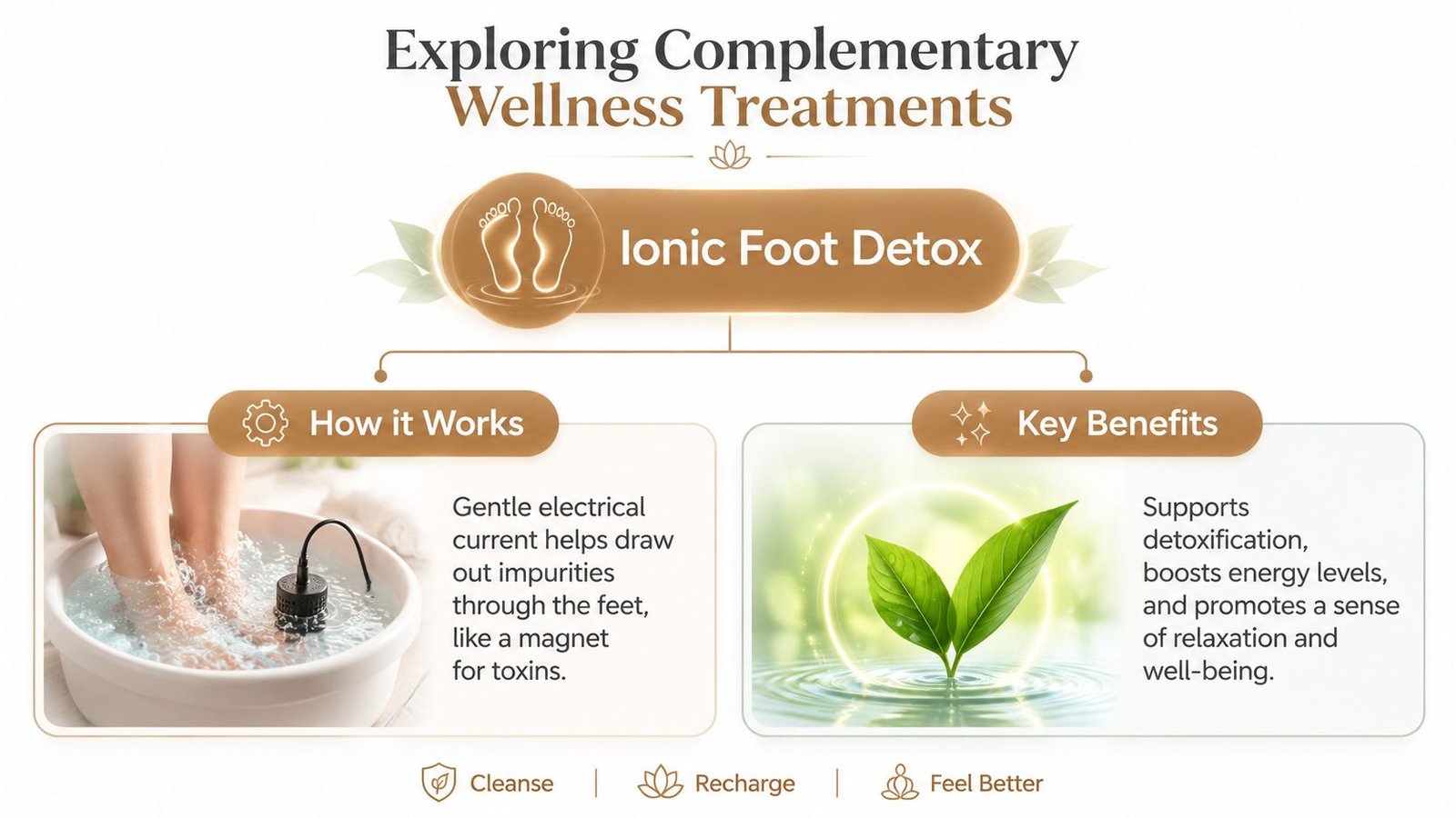 A wellness infographic explaining the process and benefits of an ionic foot detox treatment for better health.