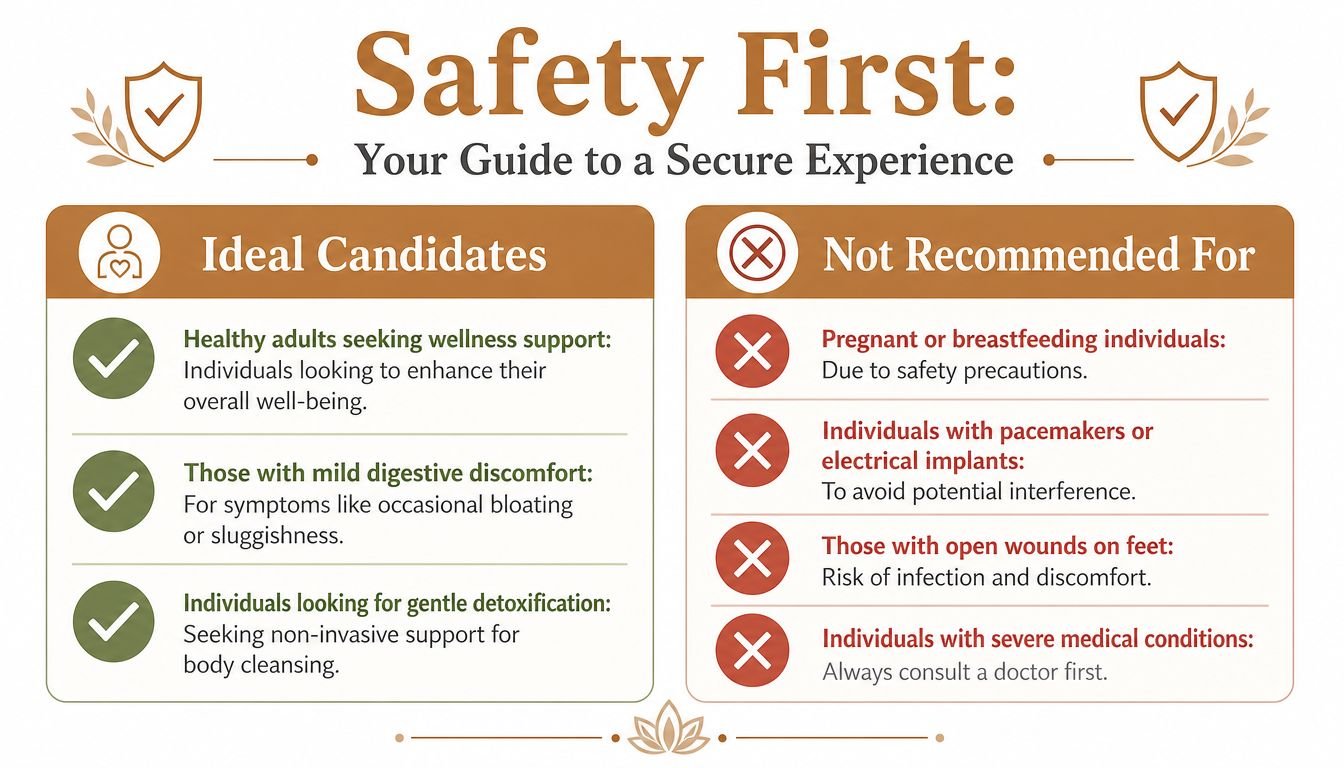 A safety infographic guide for digestive health services highlighting ideal candidates and individuals not recommended for use.