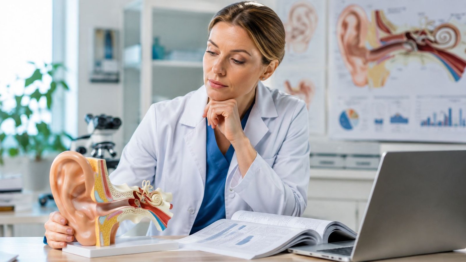 A professional audiologist examining an anatomical ear model in a modern clinical office setting with a laptop.