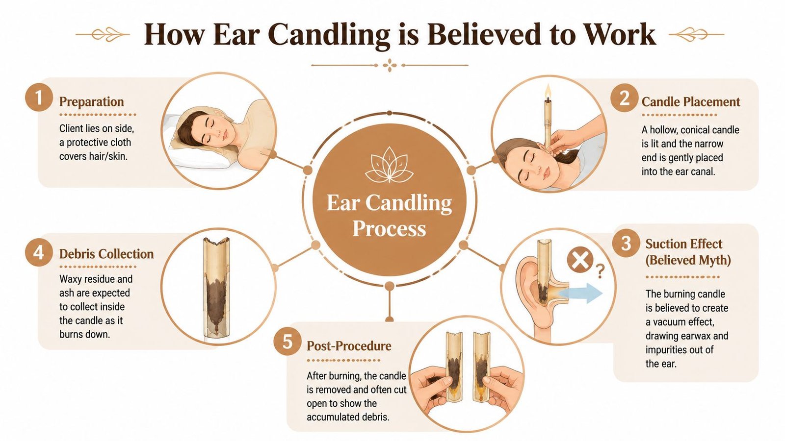 A diagram illustrating the ear candling process and its commonly believed but medically unsupported mechanism.