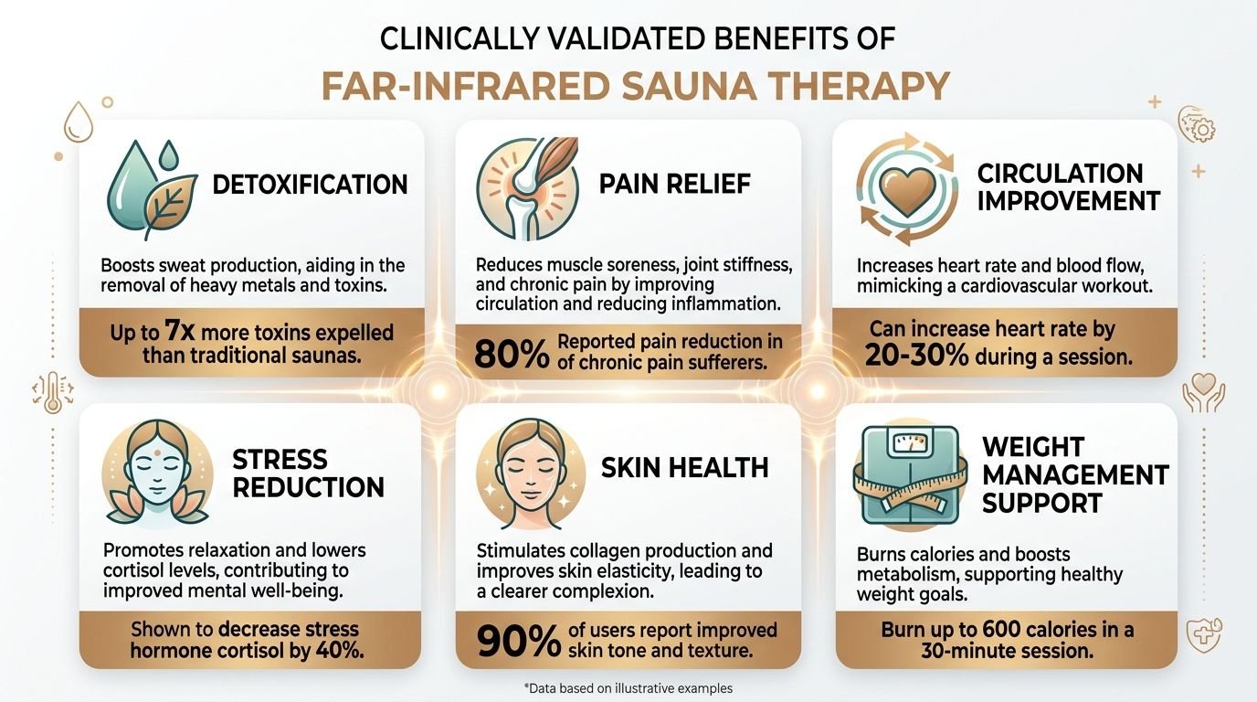 An infographic showing six clinically validated health benefits of far-infrared sauna therapy for wellness.