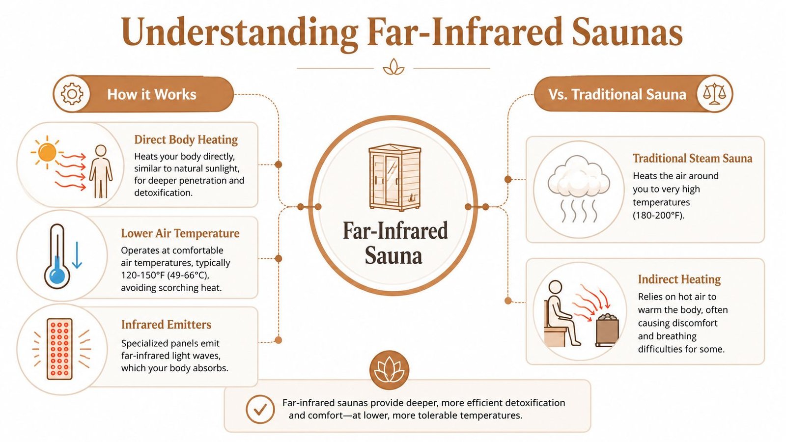 An infographic explaining the benefits and working mechanisms of far-infrared saunas compared to traditional steam saunas.