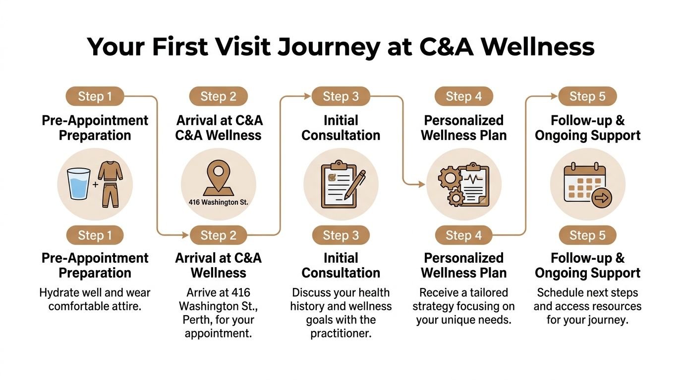 A flowchart showing the five-step process of a first wellness appointment at C&A Wellness.