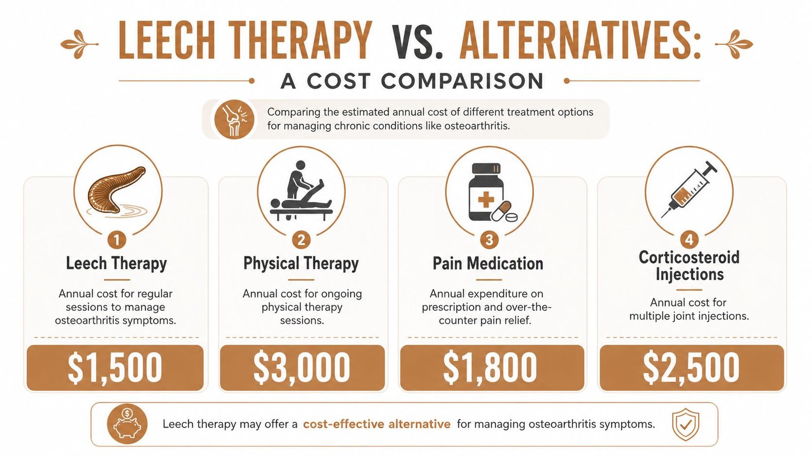 A comparison infographic showing the estimated annual costs of leech therapy versus conventional osteoarthritis treatments like physical therapy.