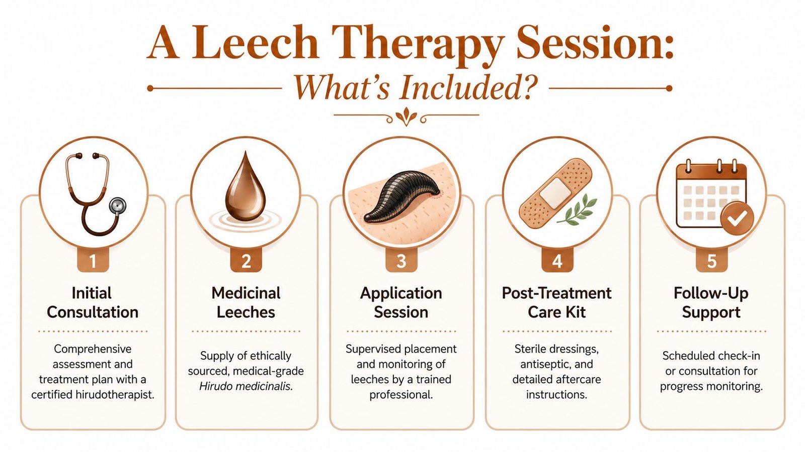 An infographic detailing the five steps included in a professional medical leech therapy session and treatment process.