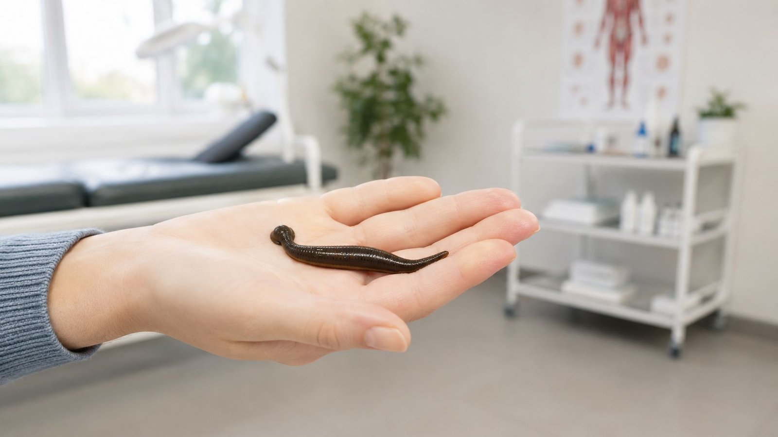 A medical professional holding a medicinal leech in their palm during a leech therapy session.