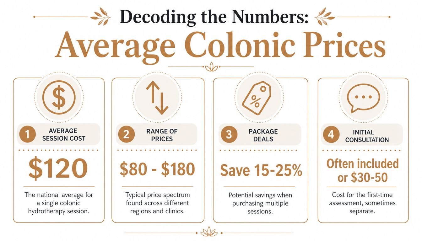 An infographic showing the national average costs and pricing details for colonic hydrotherapy sessions.