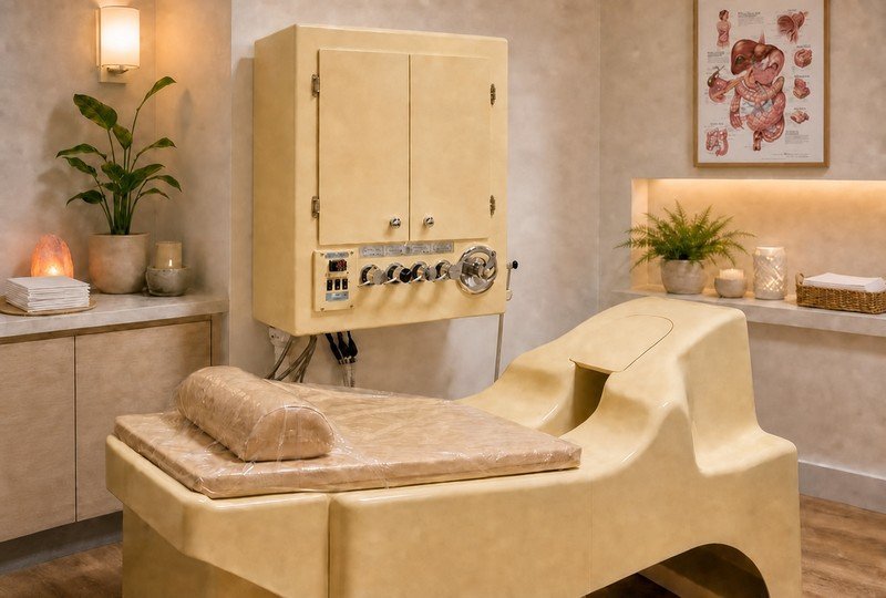 A woman stands between a clinical medical examination room and a luxurious modern spa treatment suite.