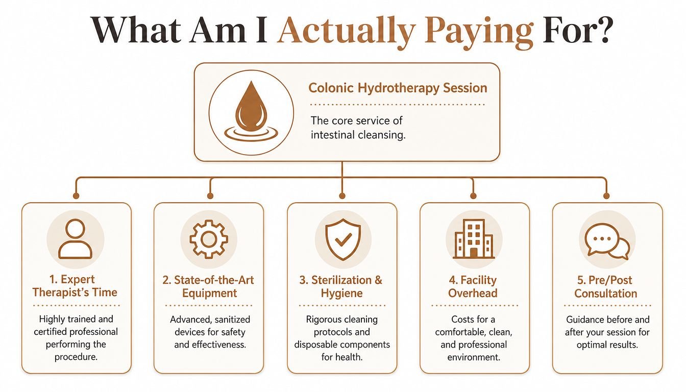 A diagram explaining the five key factors included in the price of a colonic hydrotherapy session.