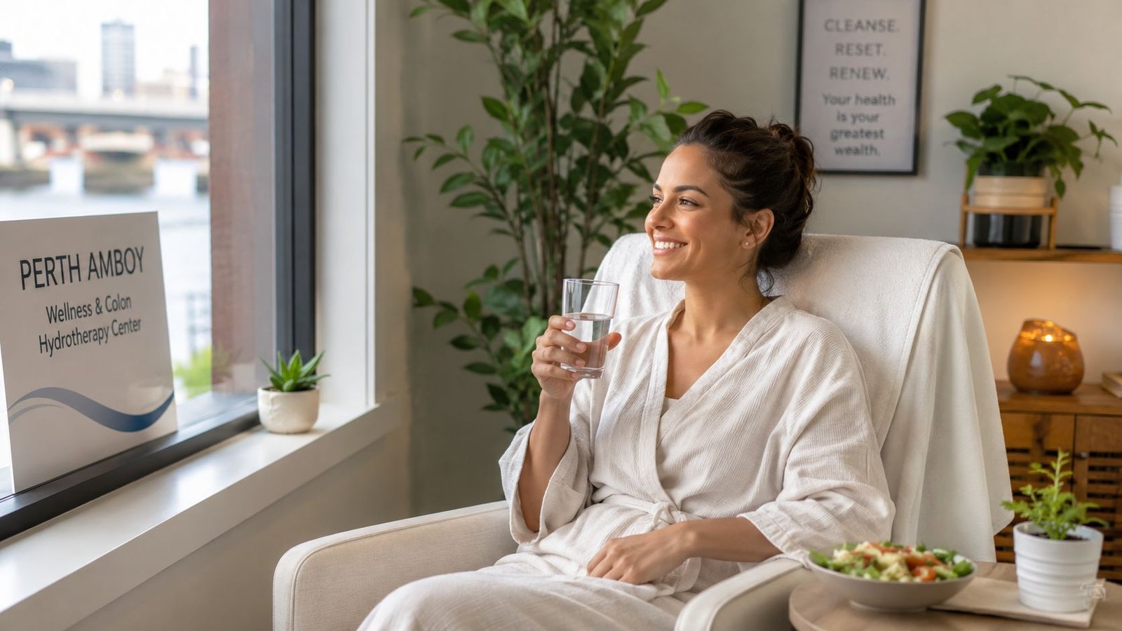 A smiling woman in a robe holds a glass of water after a professional wellness treatment.