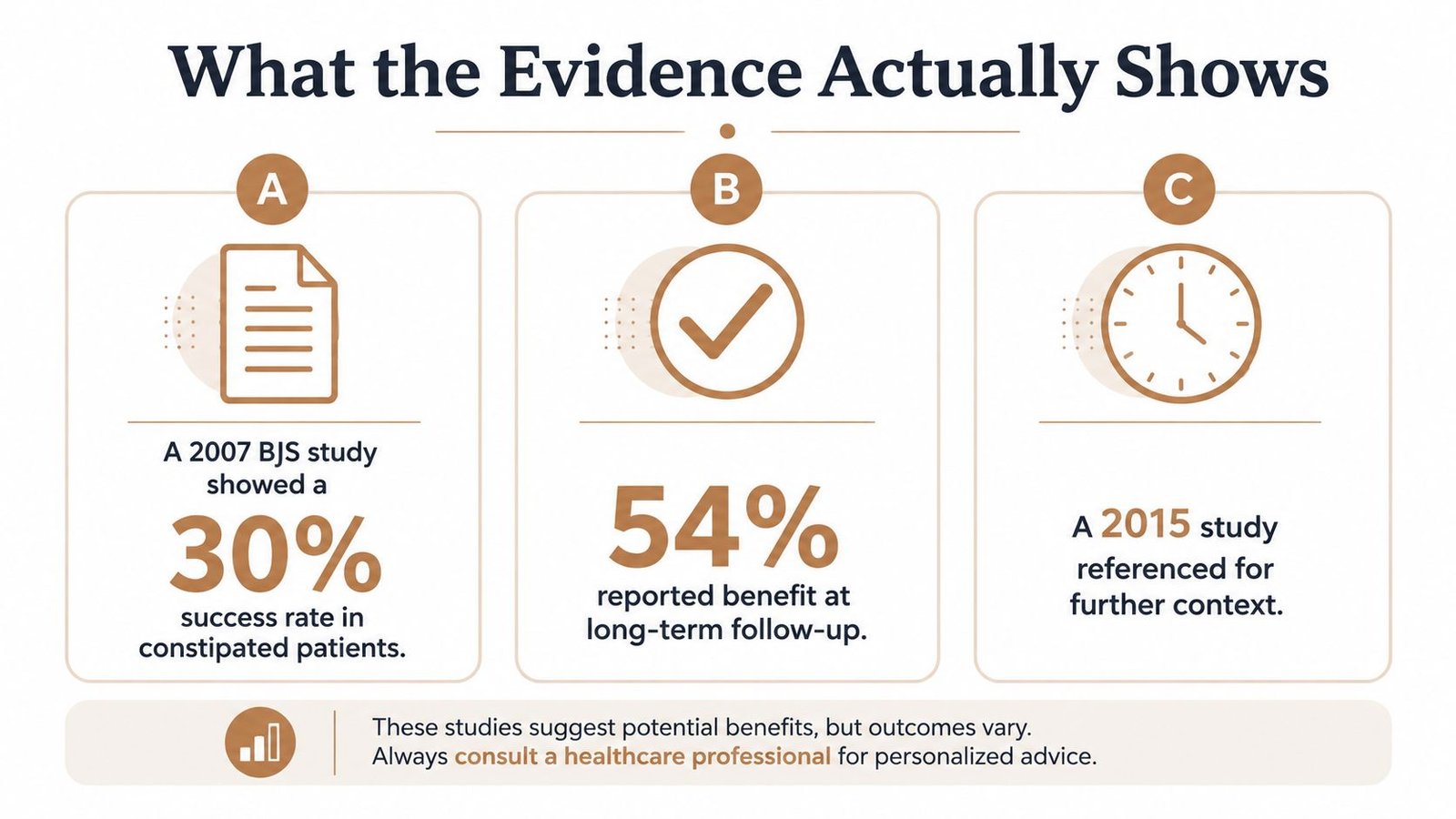 An infographic titled What the Evidence Actually Shows detailing 2007 and 2015 study findings on constipation.