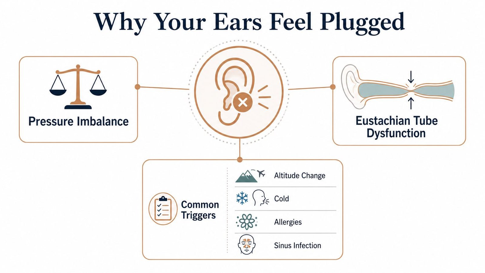 An infographic titled Why Your Ears Feel Plugged, highlighting pressure imbalance, eustachian tube dysfunction, and common triggers.