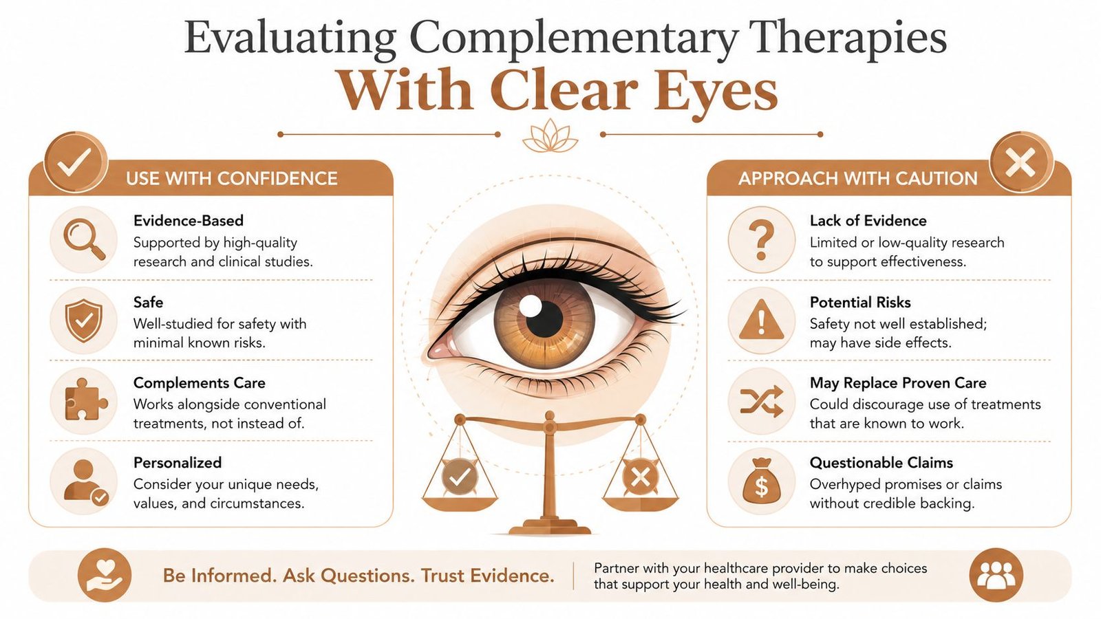 An infographic titled Evaluating Complementary Therapies With Clear Eyes comparing safe evidence-based practices against cautious treatments.