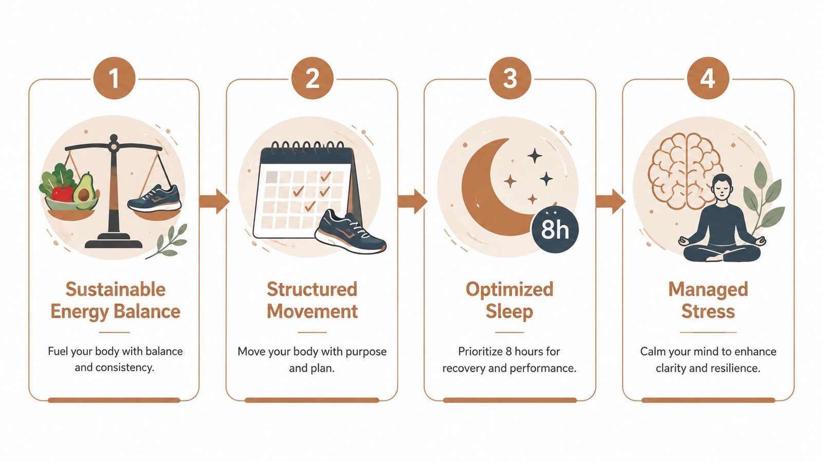 A four-step infographic illustrating a healthy lifestyle including balanced nutrition, exercise, eight hours of sleep, and stress management.