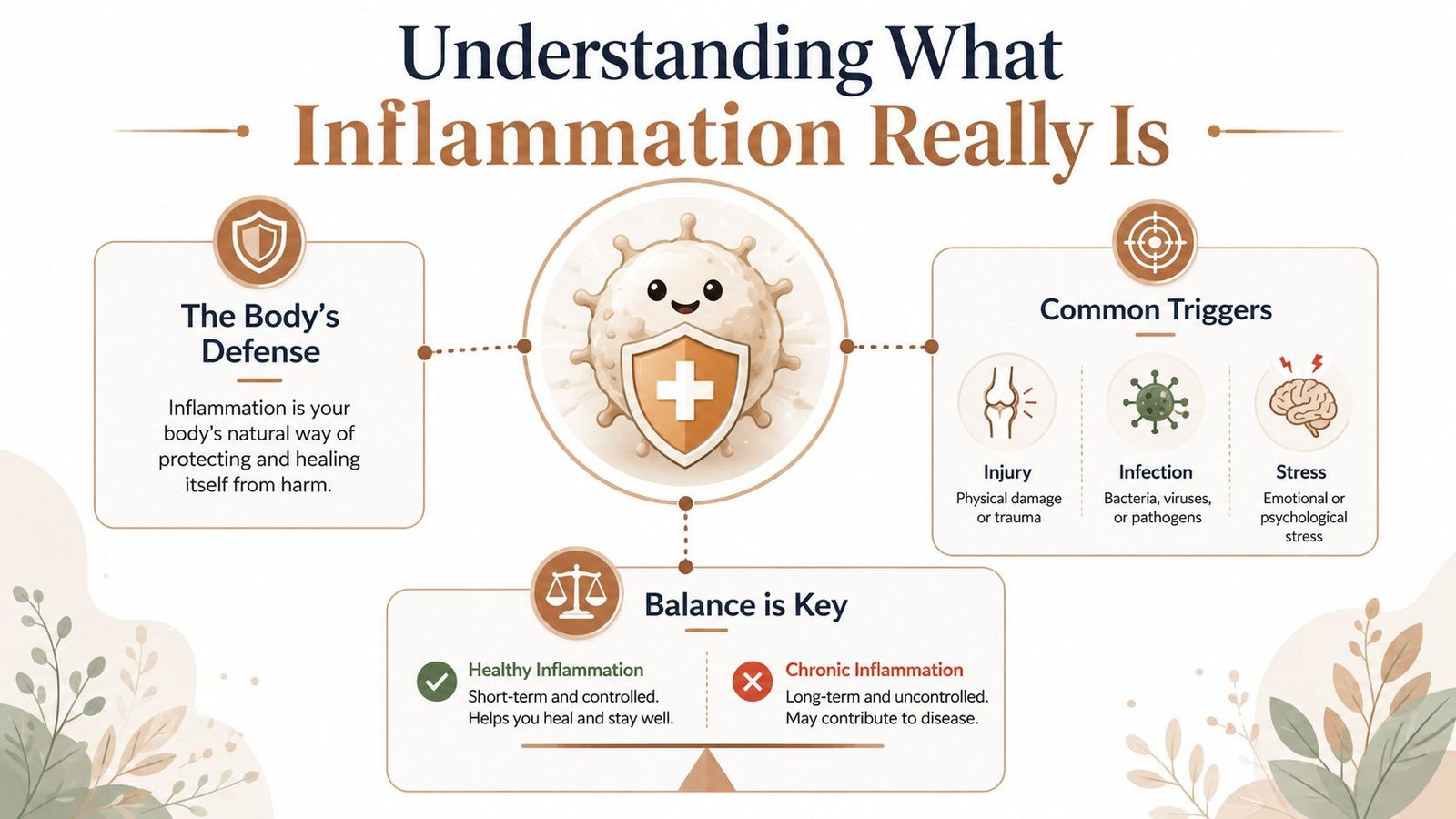 An infographic explaining inflammation as a natural body defense mechanism, its triggers, and the importance of balance.