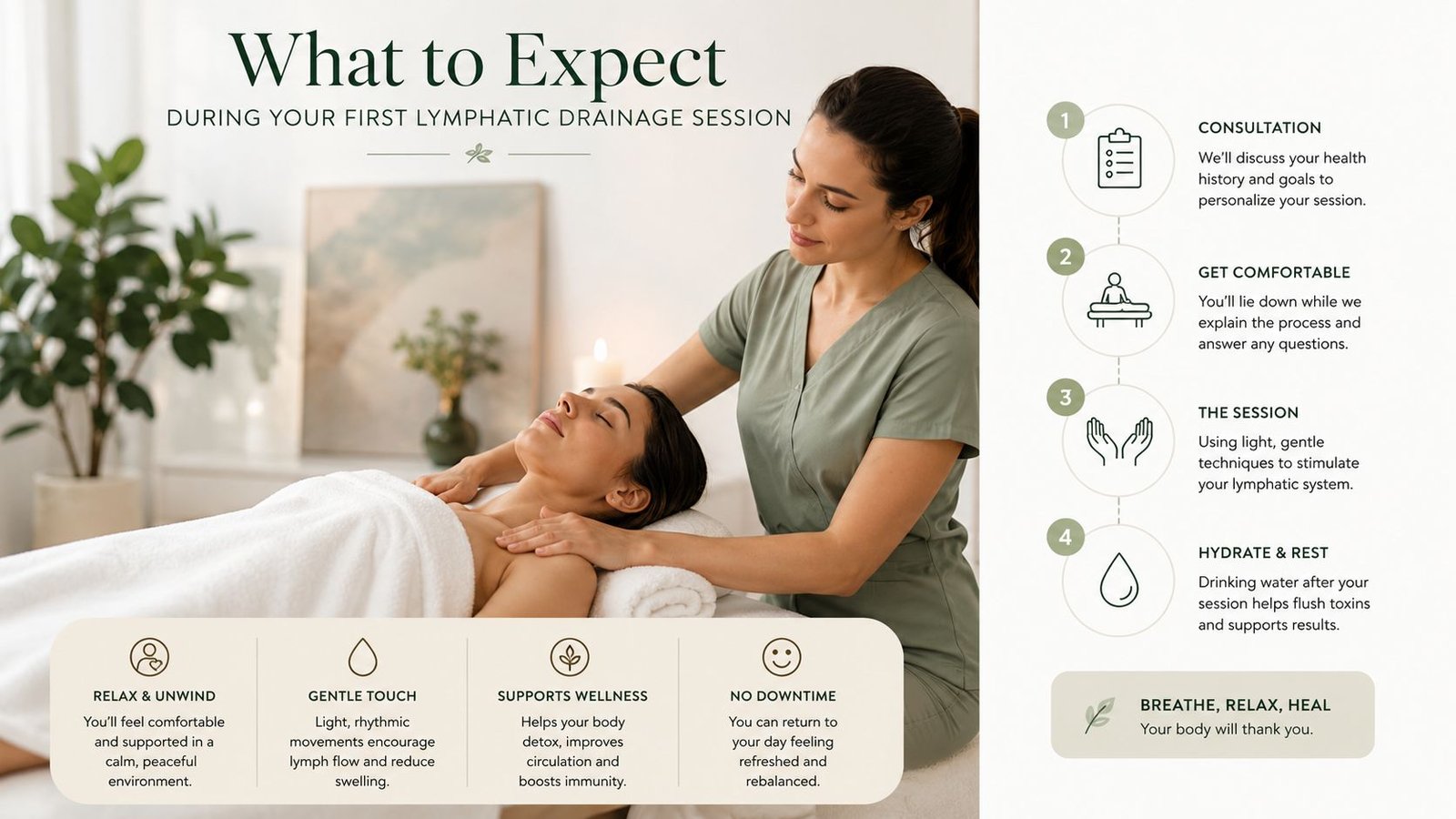 A professional therapist performing a gentle lymphatic drainage massage on a relaxed client in a calm setting.