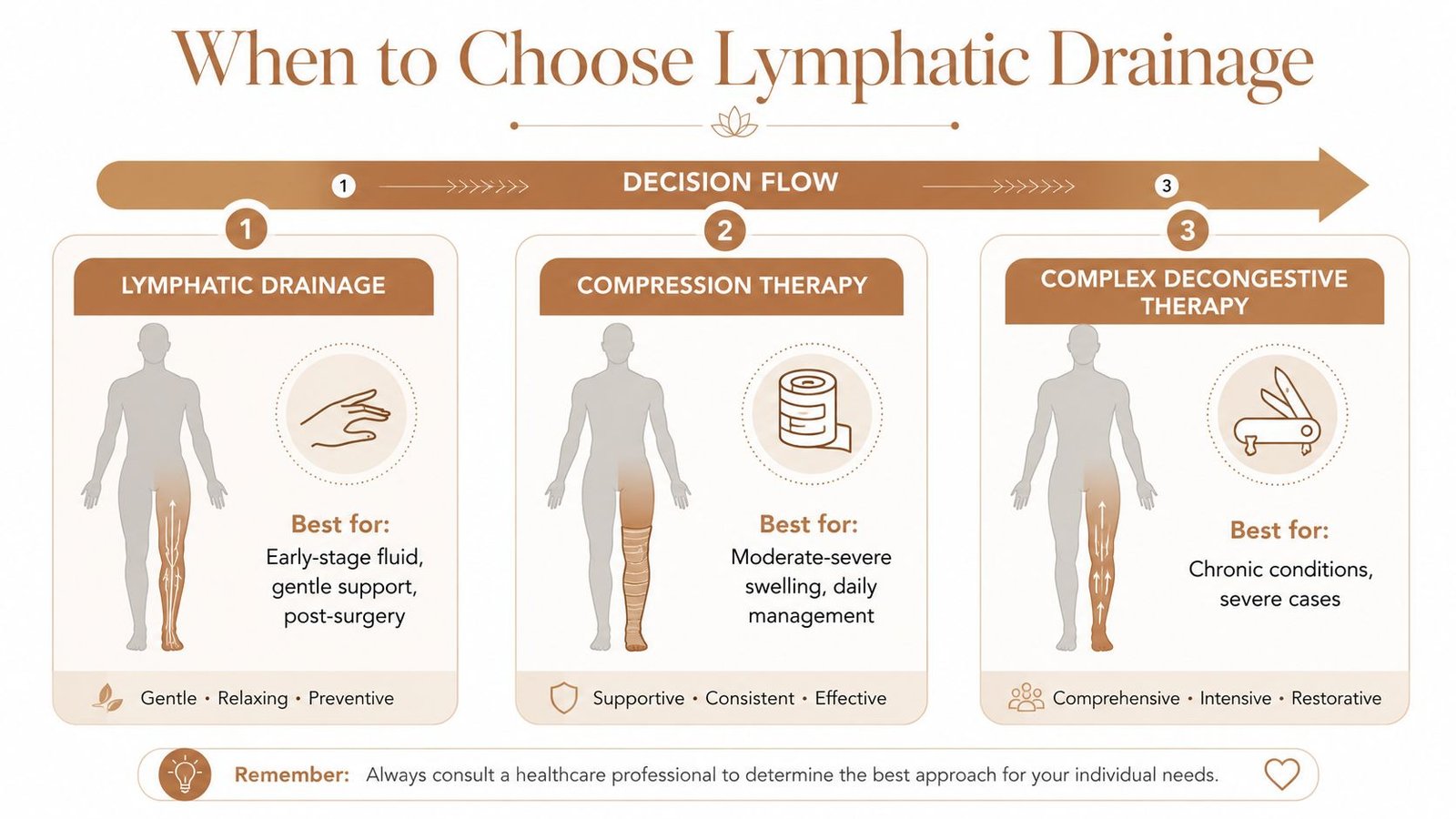 A decision flow infographic comparing lymphatic drainage, compression therapy, and complex decongestive therapy for different medical needs.