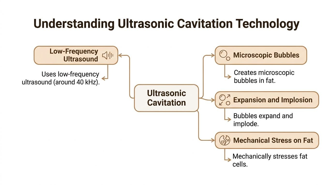 A diagram explaining ultrasonic cavitation technology, showing how low-frequency ultrasound creates and implodes bubbles to stress fat cells.